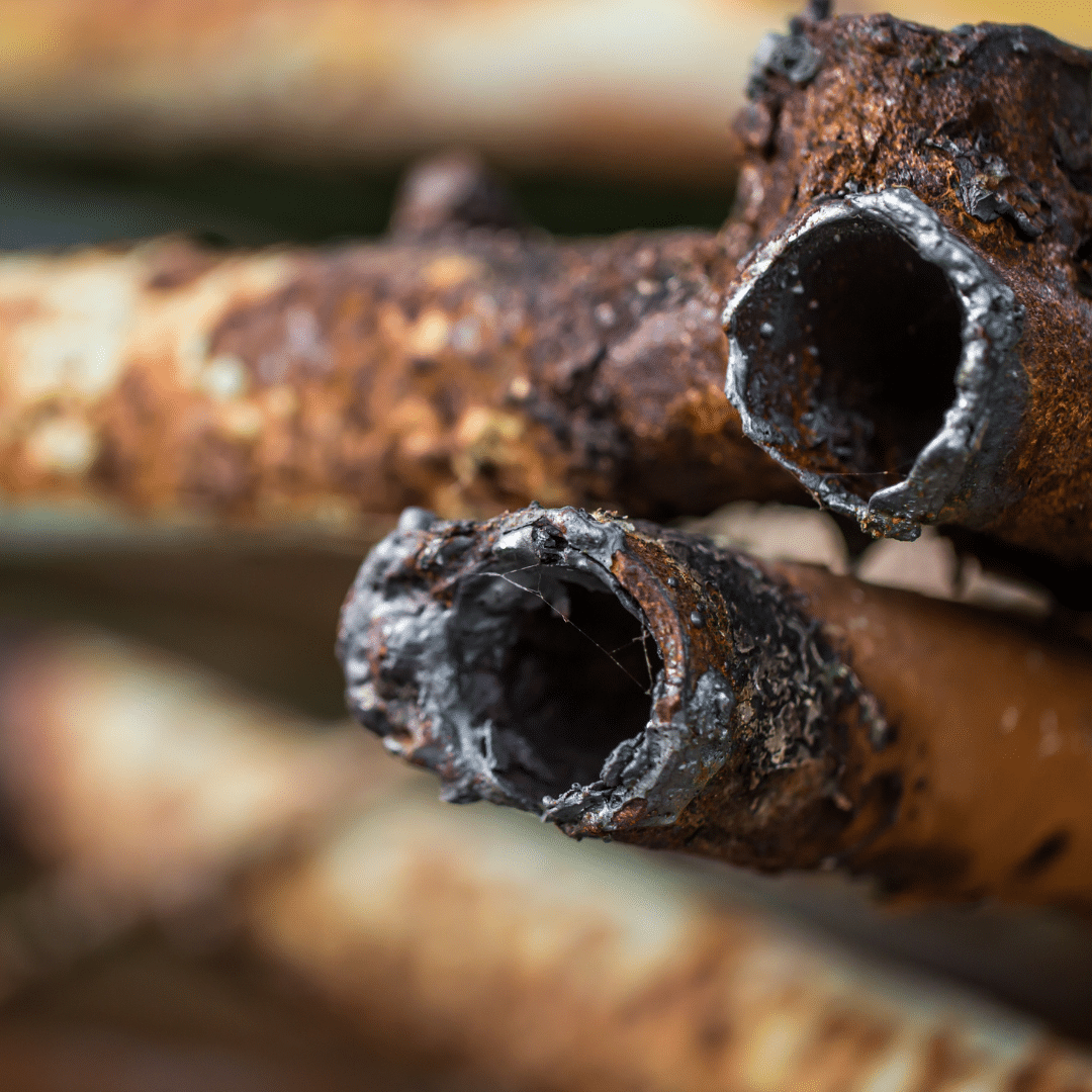 Corroded copper pipe with flaking and rust damage detected by a Colorado plumber